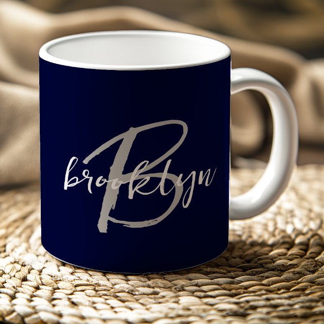 Trendy Script Monogram Navy Blue Gray White Coffee Mug (Creator Uploaded)