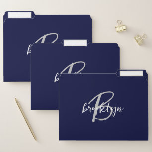 Trendy Script Monogram Navy Blue Gray White File Folder