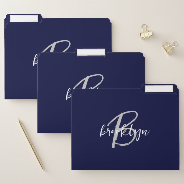 Trendy Script Monogram Navy Blue Gray White File Folder (Set)
