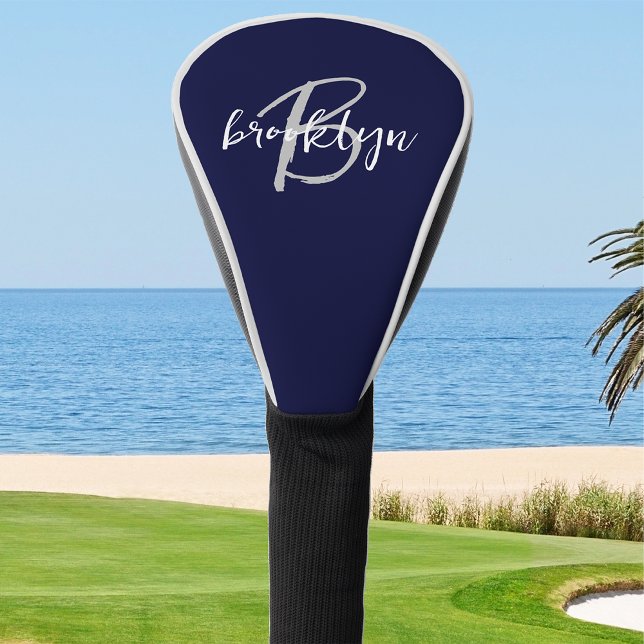 Trendy Script Monogram Navy Blue Gray White Golf Head Cover (Creator Uploaded)