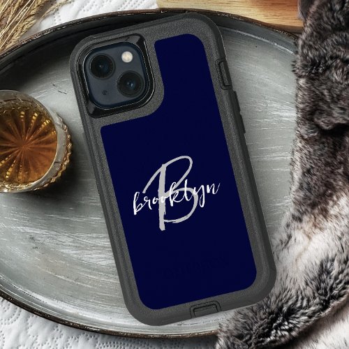 Trendy Script Monogram Navy Blue Gray White iPhone 15 Pro Max Case