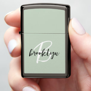 Trendy Script Monogram Sage Green Black White Zippo Lighter