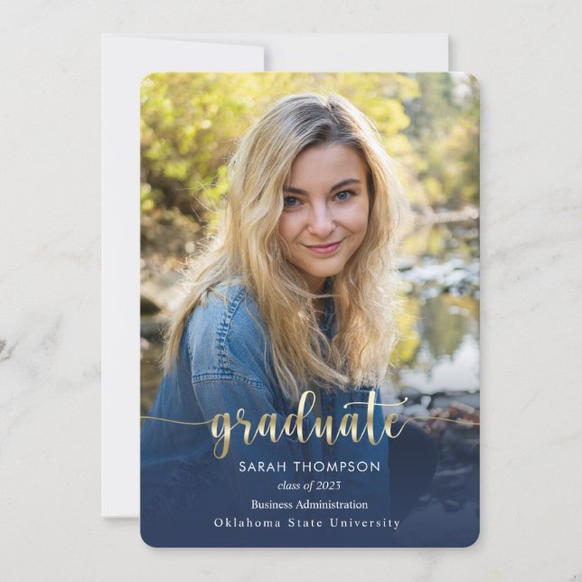 Trendy Script Navy Blue Photo Collage Graduation Announcement (Front)