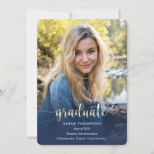 Trendy Script Navy Blue Photo Collage Graduation Announcement