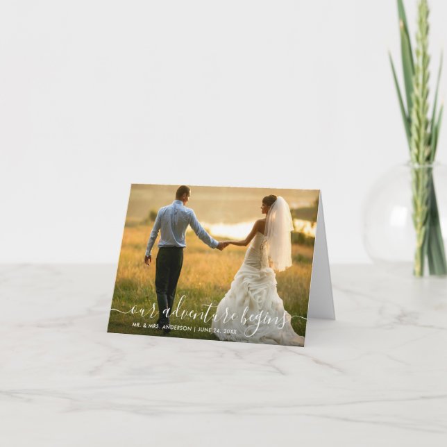 Trendy Script Our Adventure Begins Wedding Note Letterpress Thank You Card (Front)