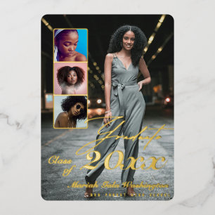 Trendy Script Overlay 4 Photo Collage Graduation Foil Invitation