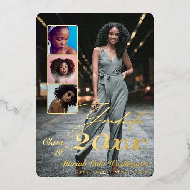 Trendy Script Overlay 4 Photo Collage Graduation Foil Invitation (Front)