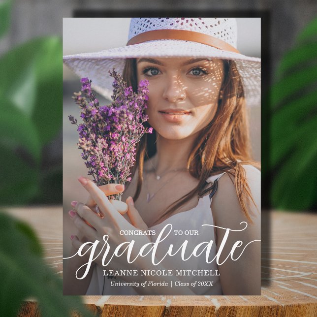Trendy Script Overlay Graduation Announcement (Elegant white script on photo graduation announcements,  PRINTED and/or INSTANT DOWNLOAD)