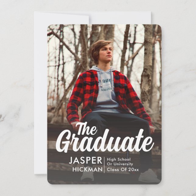 Trendy Script Overlay Silver |  Photo Graduation Announcement (Front)