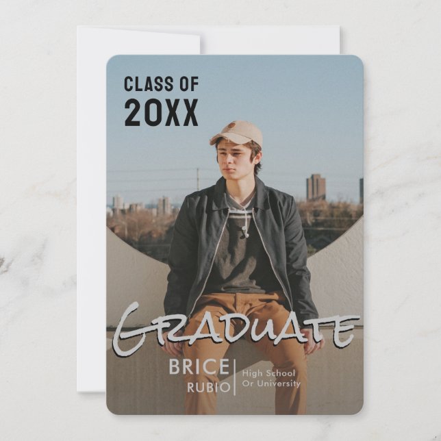 Trendy Script Overlay Silver |  Photo Graduation Announcement (Front)