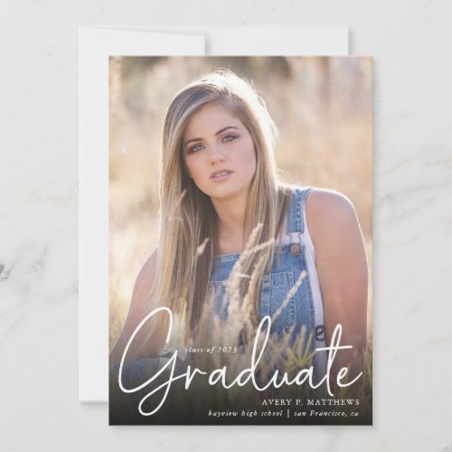 Trendy Script Overlay Three Photo Graduation  Announcement