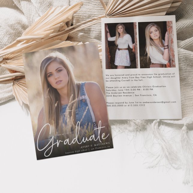 Trendy Script Overlay Three Photo Graduation Party Announcement (Creator Uploaded)