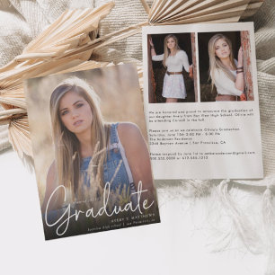 Trendy Script Overlay Three Photo Graduation Party Announcement