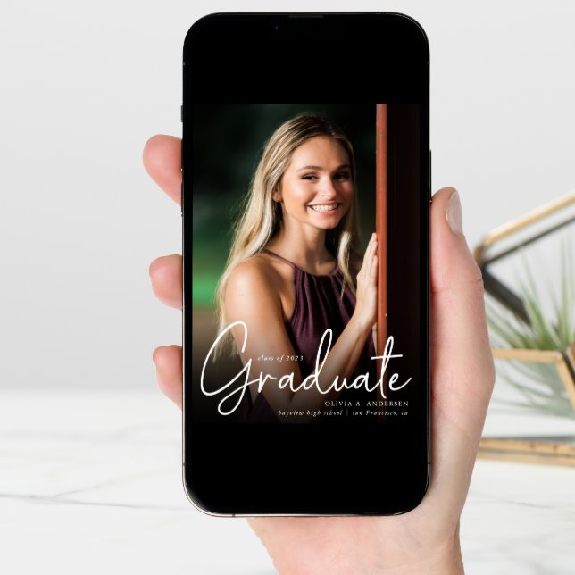 Trendy Script Overlay Two Photo Graduation  Announcement (Front Digital)