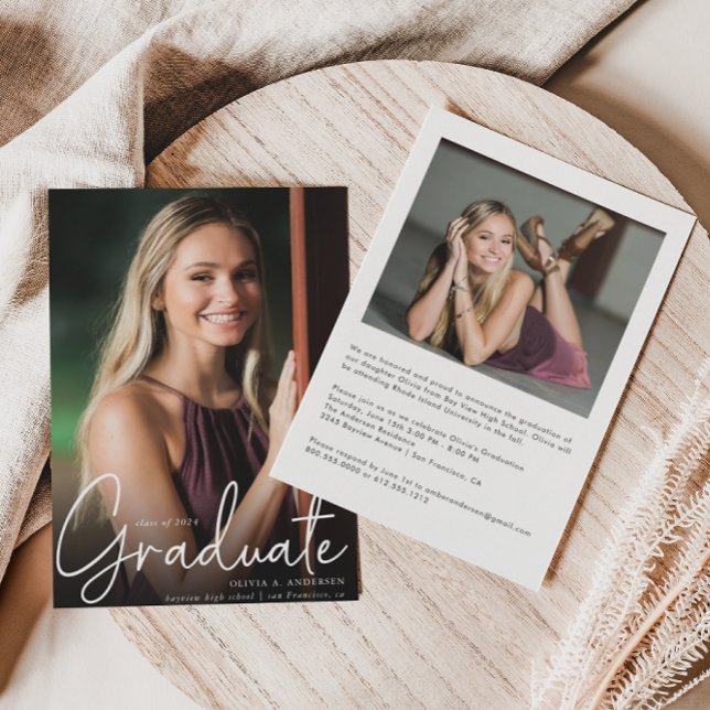 Trendy Script Overlay Two Photo Graduation  Announcement (Creator Uploaded)