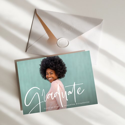 Trendy Script Overlay  Two Photo Graduation Announcement