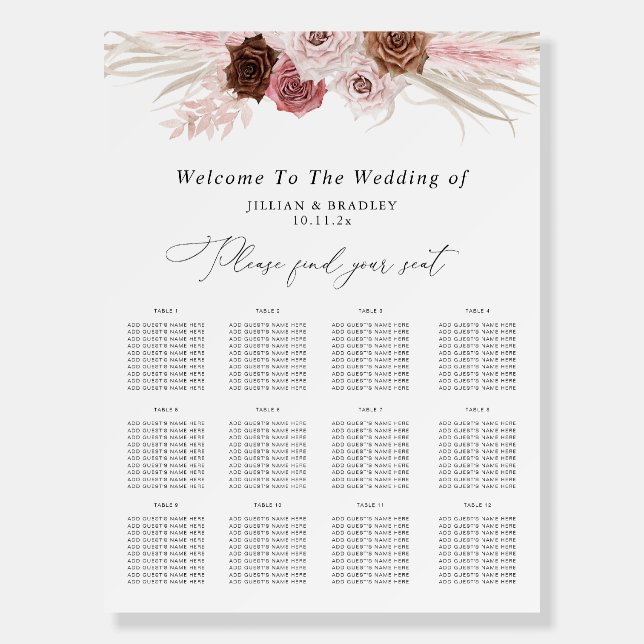 trendy script pampas dusty pink wedding foam board (Front)