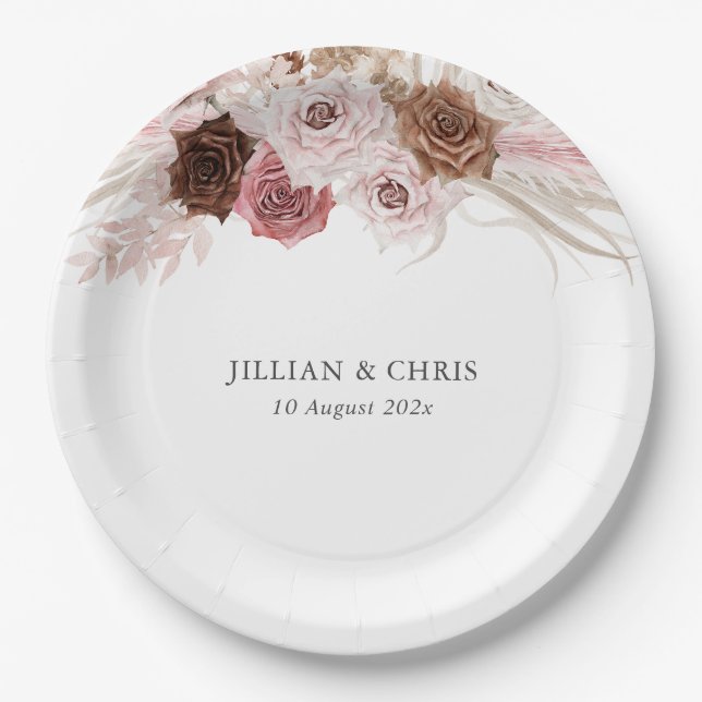 trendy script pampas dusty pink wedding paper plates (Front)