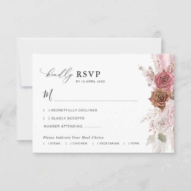 trendy script pampas dusty pink wedding RSVP card (Front)