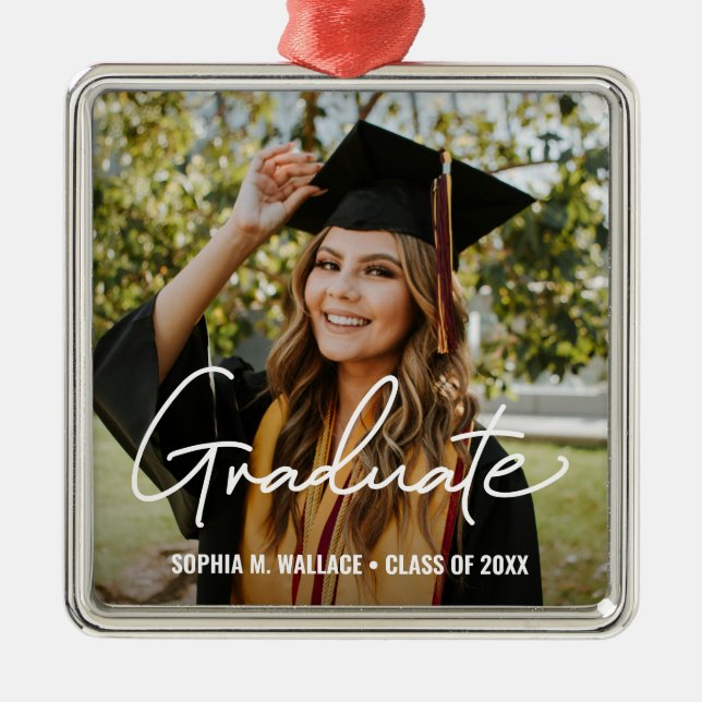 Trendy Script Personalized Photo Graduate Metal Ornament (Front)