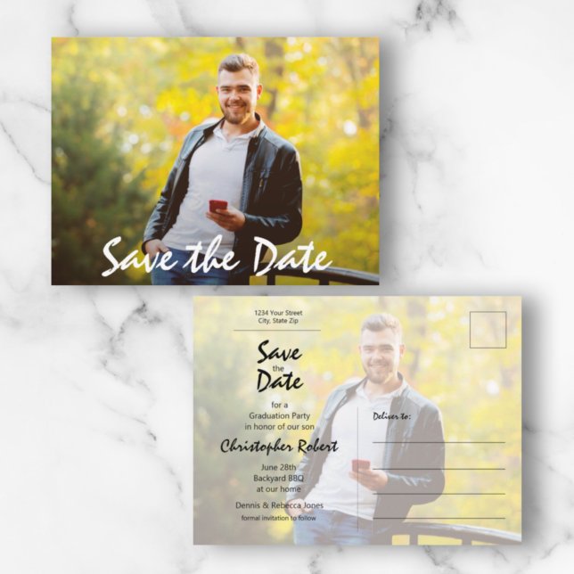 Trendy Script Photo Graduation Save the Date Postcard (Creator Uploaded)