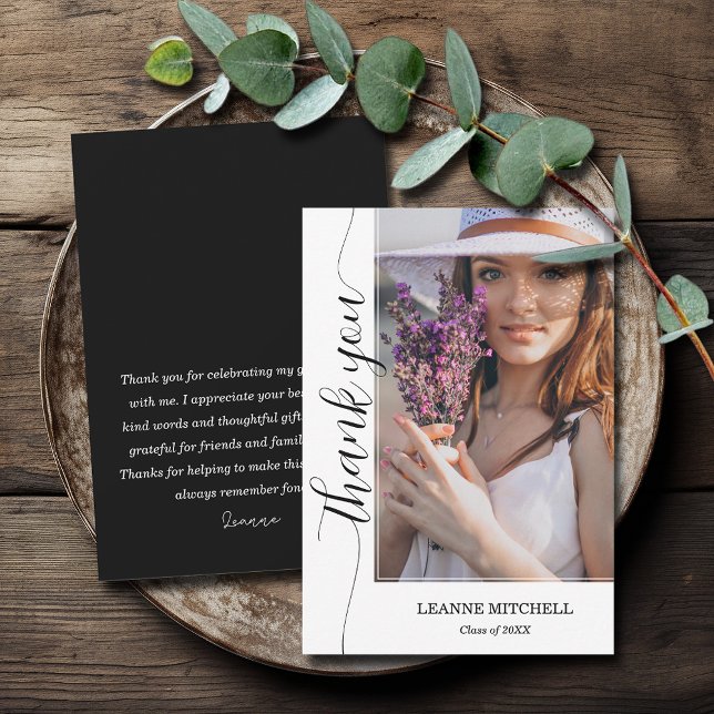 Trendy Script Photo Graduation Thank You Card (3.5" x 5" trendy script photo graduation flat thank you cards with your message on the back)