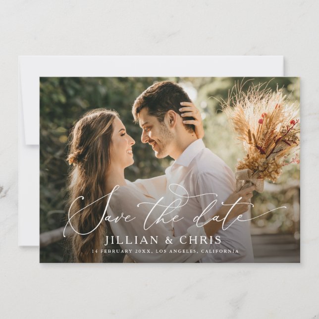 trendy script photo wedding save the date card (Front)