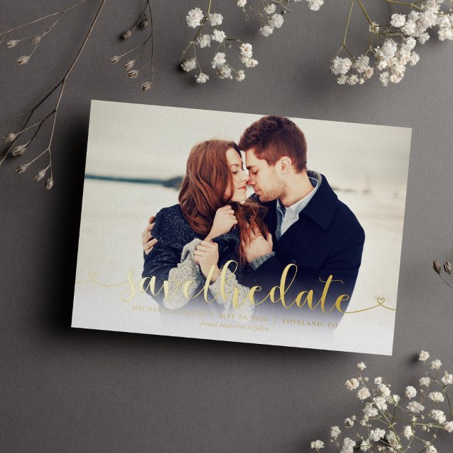 Trendy Script Photo Wedding Save the Date Foil Invitation (Creator Uploaded)