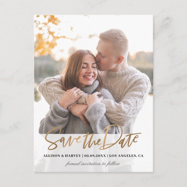 Trendy script save the date postcard (Front)