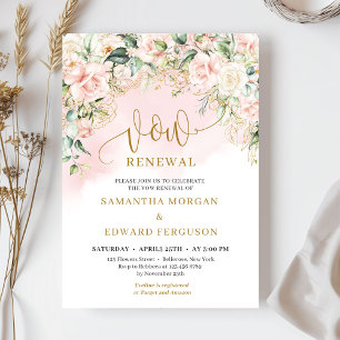 Trendy script soft pink roses and gold vow renewal invitation