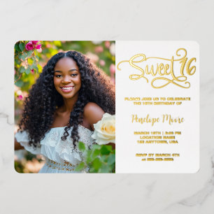 Trendy Script Sweet 16 Birthday Photo Foil Invitation