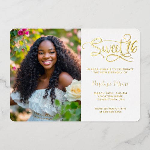 Trendy Script Sweet 16 Birthday Photo Foil Invitation