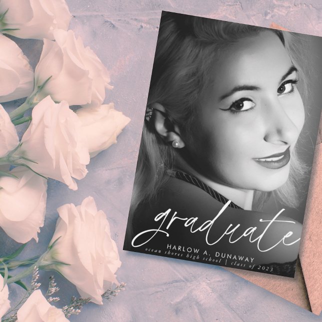 Trendy Script White Overlay Two Photo Graduation  Announcement (Creator Uploaded)