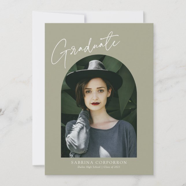 Trendy Script with Arch Two Photo Graduation Announcement (Front)