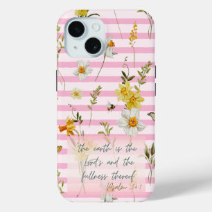 Trendy Scripture Pink Stripe Yellow Daffodils Bees iPhone 15 Case