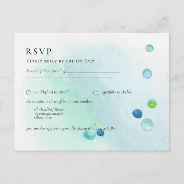 Trendy SEA GLASS Watercolor RSVP Menu (Front)