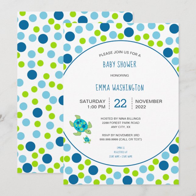 Trendy Sea Turtle baby shower blue green dots Invitation (Front/Back)
