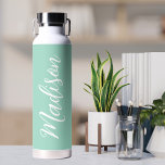 Trendy Seafoam Green Personalized Name Water Bottle<br><div class="desc">A chic seafoam green personalized monogram water bottle for a girl or guy who loves simple,  handwritten gifts. Beautiful white cursive script down the side of your bottle spelling out your name in elegant typography.</div>