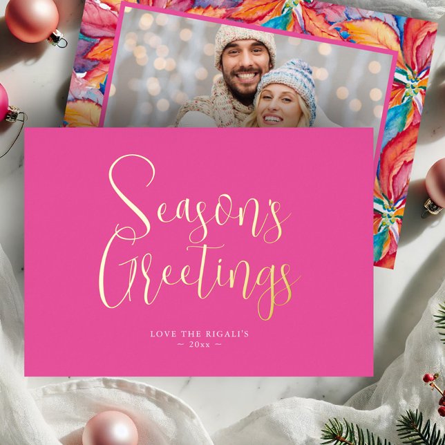 Trendy Season's Greetings Photo Foil Holiday Card (Pink photo Christmas cards watercolor poinsettia art by Victoria Grigaliunas of Do Tell A Belle)