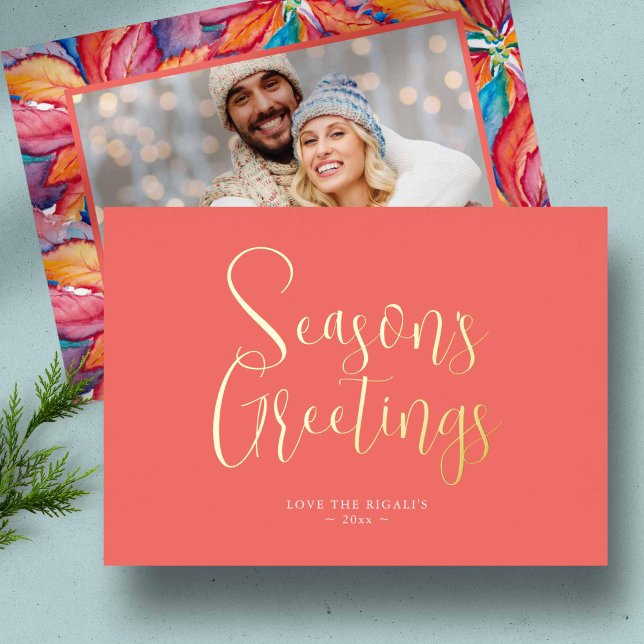 Trendy Season's Greetings Photo Foil Holiday Card (Seasons Greetings unique holiday photo card watercolor poinsettia art by Victoria Grigaliunas)