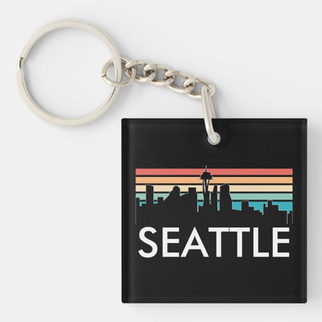 Trendy Seattle Washington Retro Sunset Skyline Keychain (Front)