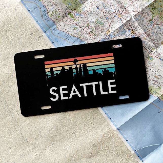 Trendy Seattle Washington Retro Sunset Skyline License Plate (In Situ)
