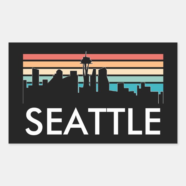 Trendy Seattle Washington Retro Sunset Skyline Rectangular Sticker (Front)