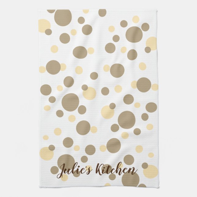 Trendy Sepia Pokka-Dot Personalize Name Kitchen Towel (Vertical)