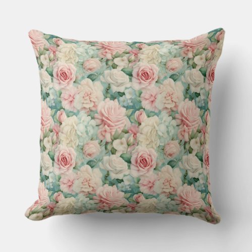 Trendy shabby chic pale pink white vintage roses throw pillow