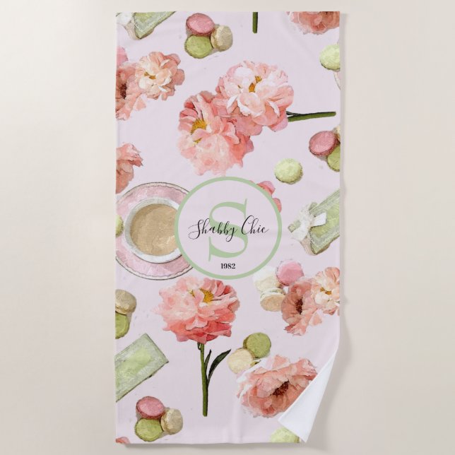 Trendy Shabby Chic Peonies and Macarons Set Beach Towel (Front)