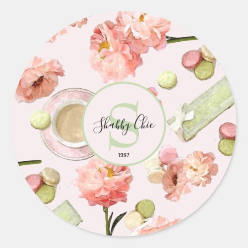 Trendy Shabby Chic Peonies and Macarons Set Classic Round Sticker