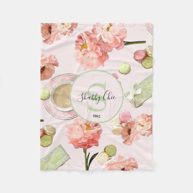 Trendy Shabby Chic Peonies and Macarons Set Fleece Blanket (Front)