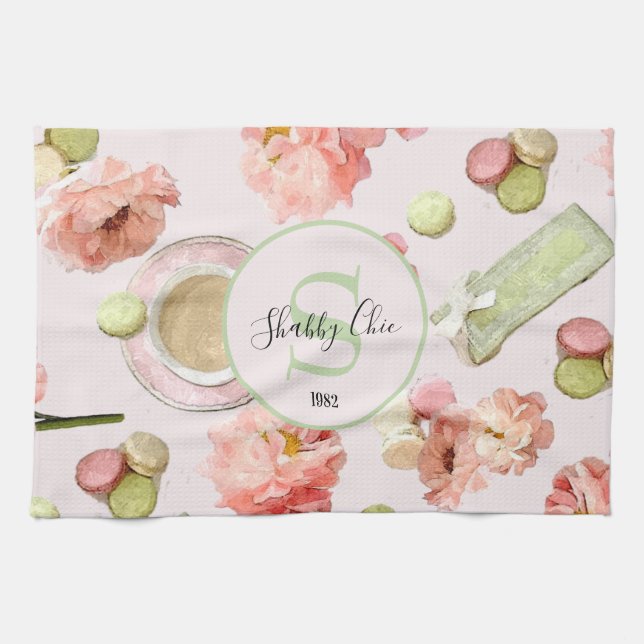 Trendy Shabby Chic Peonies and Macarons Set Kitchen Towel (Horizontal)