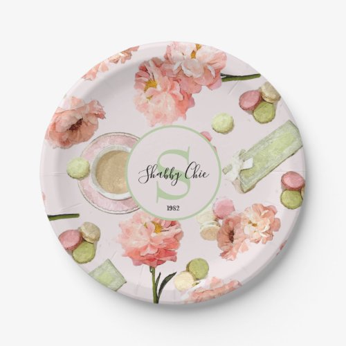 Trendy Shabby Chic Peonies and Macarons Set Paper Plates